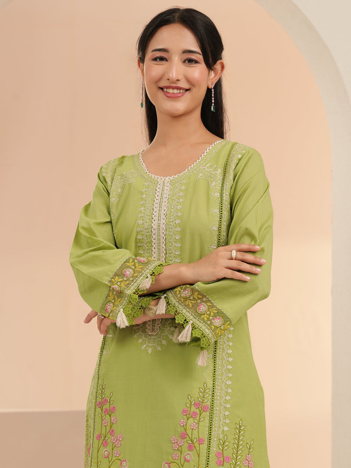 Anouk Fern Green Floral Embridered Cotton Straight Suit Set