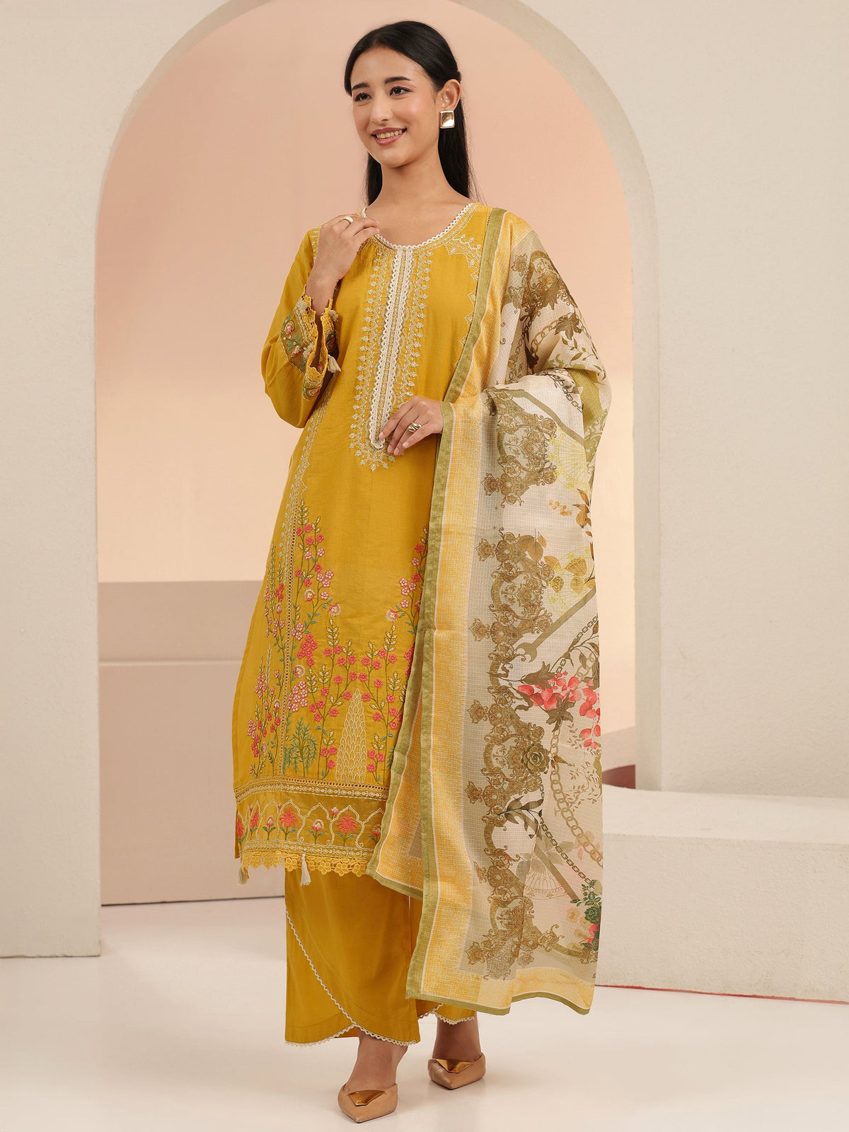 Anouk Mustard Floral Embridered Cotton Straight Suit Set