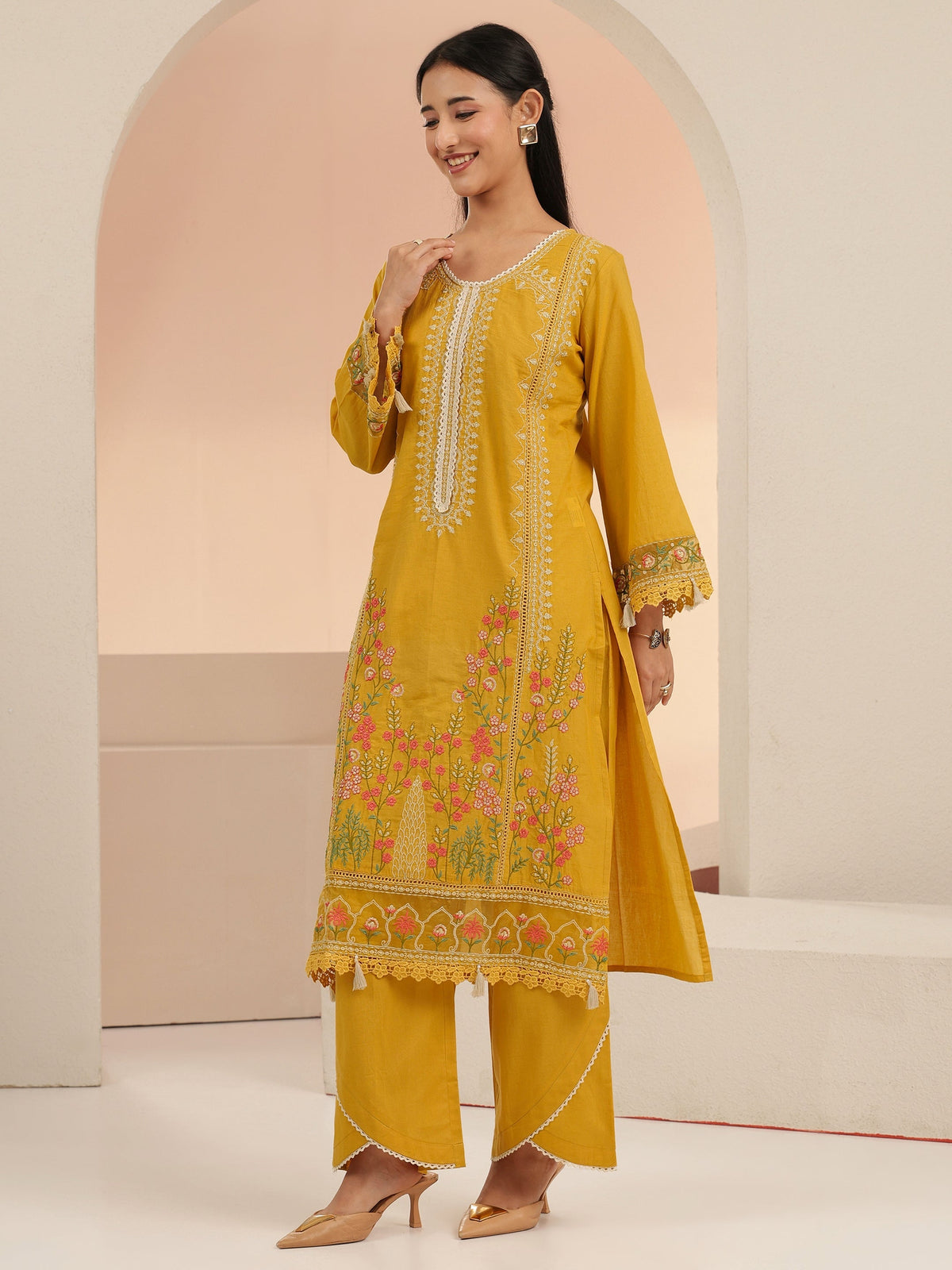 Anouk Mustard Floral Embridered Cotton Straight Suit Set