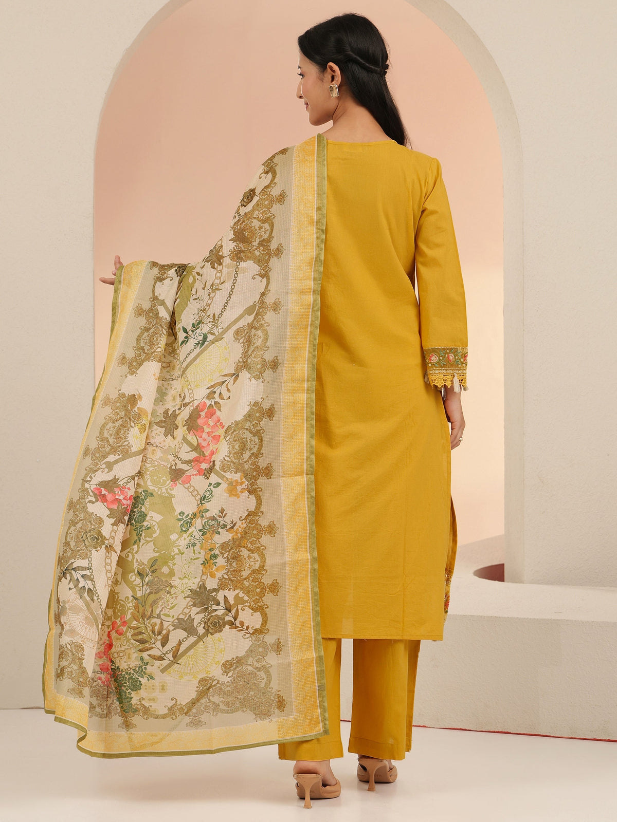 Anouk Mustard Floral Embridered Cotton Straight Suit Set