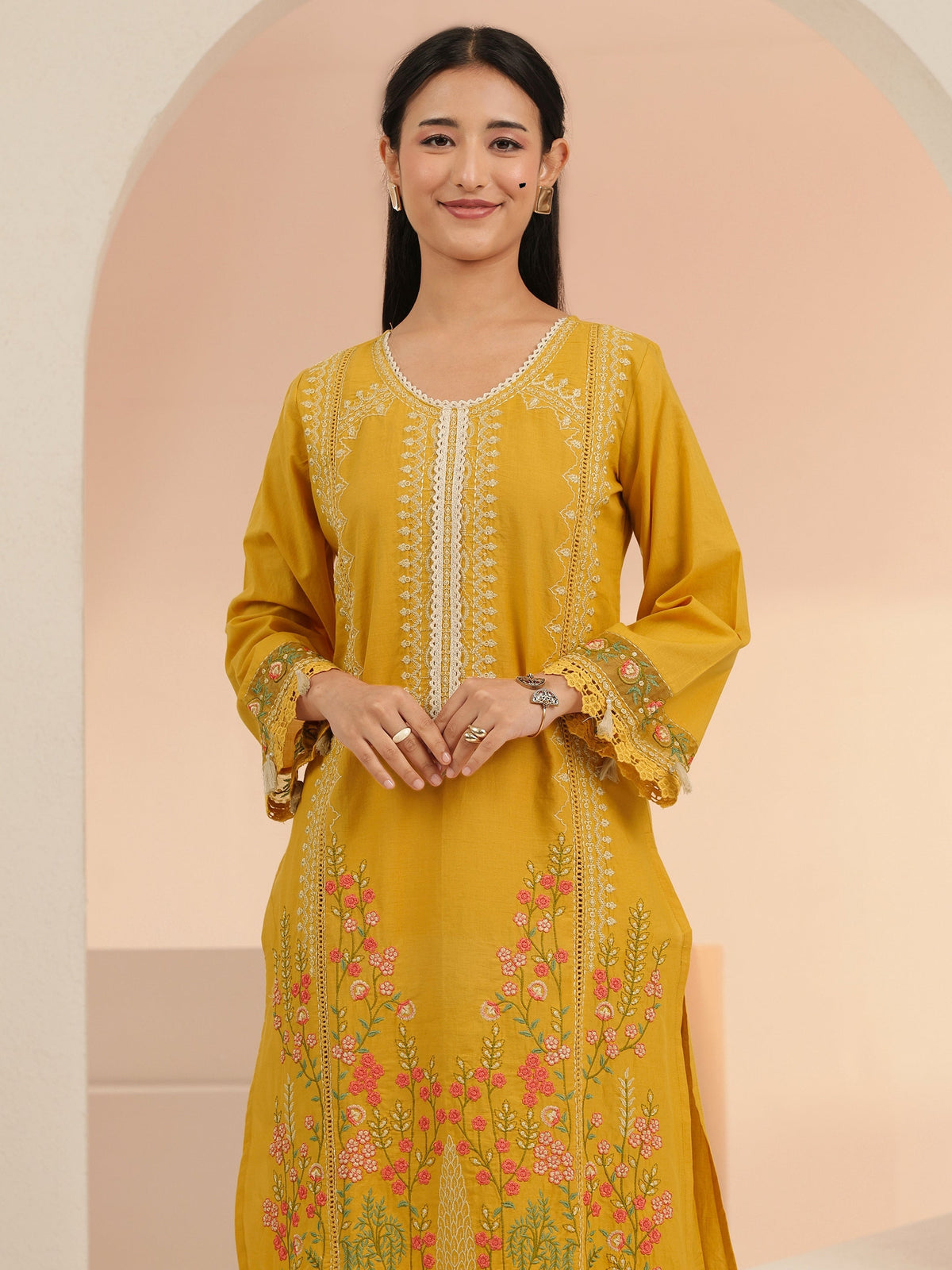 Anouk Mustard Floral Embridered Cotton Straight Suit Set