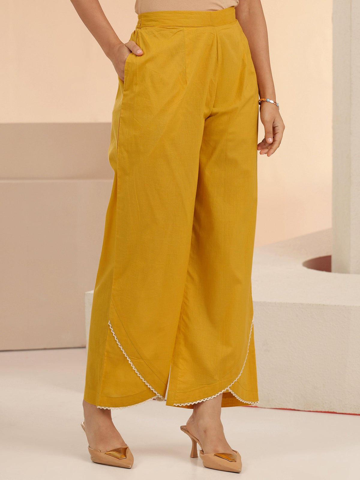Anouk Mustard Floral Embridered Cotton Straight Suit Set