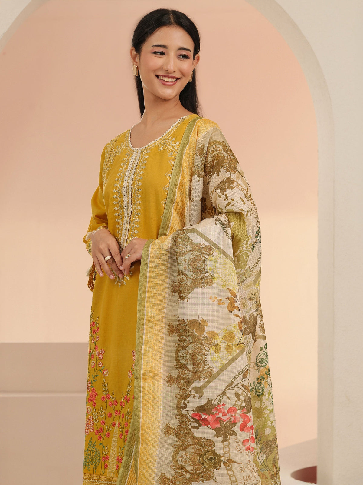 Anouk Mustard Floral Embridered Cotton Straight Suit Set