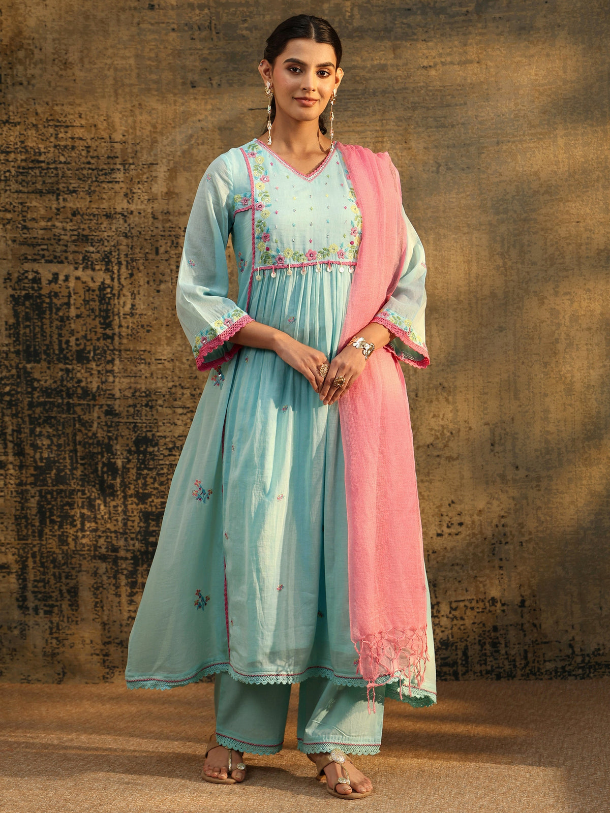 Anouk Baby Blue Floral Embroidered Cotton Anarkali Suit Set
