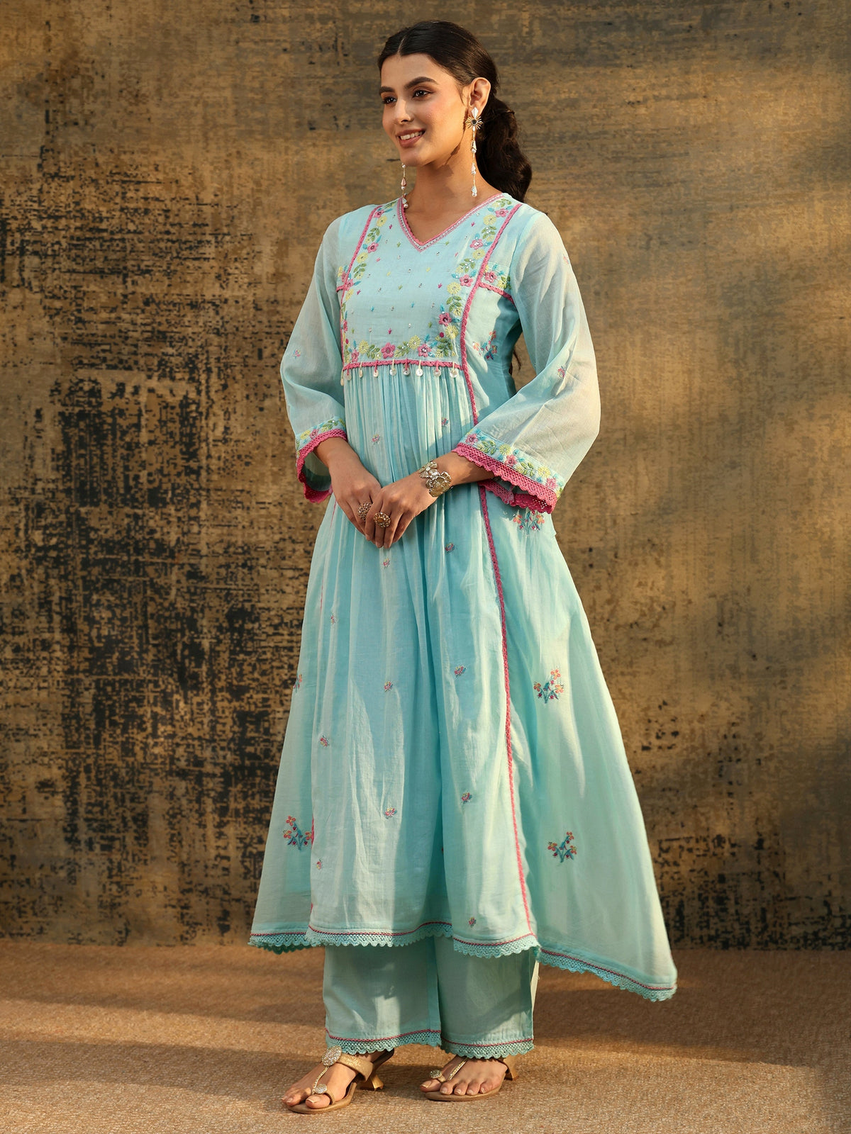 Anouk Baby Blue Floral Embroidered Cotton Anarkali Suit Set