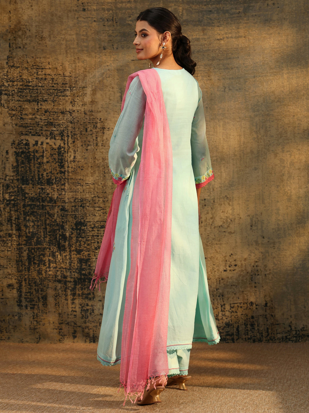 Anouk Baby Blue Floral Embroidered Cotton Anarkali Suit Set