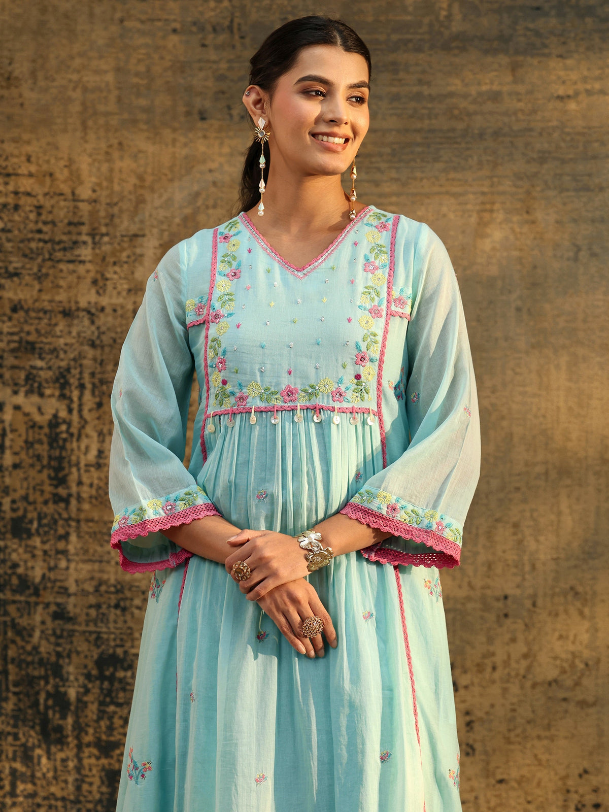 Anouk Baby Blue Floral Embroidered Cotton Anarkali Suit Set