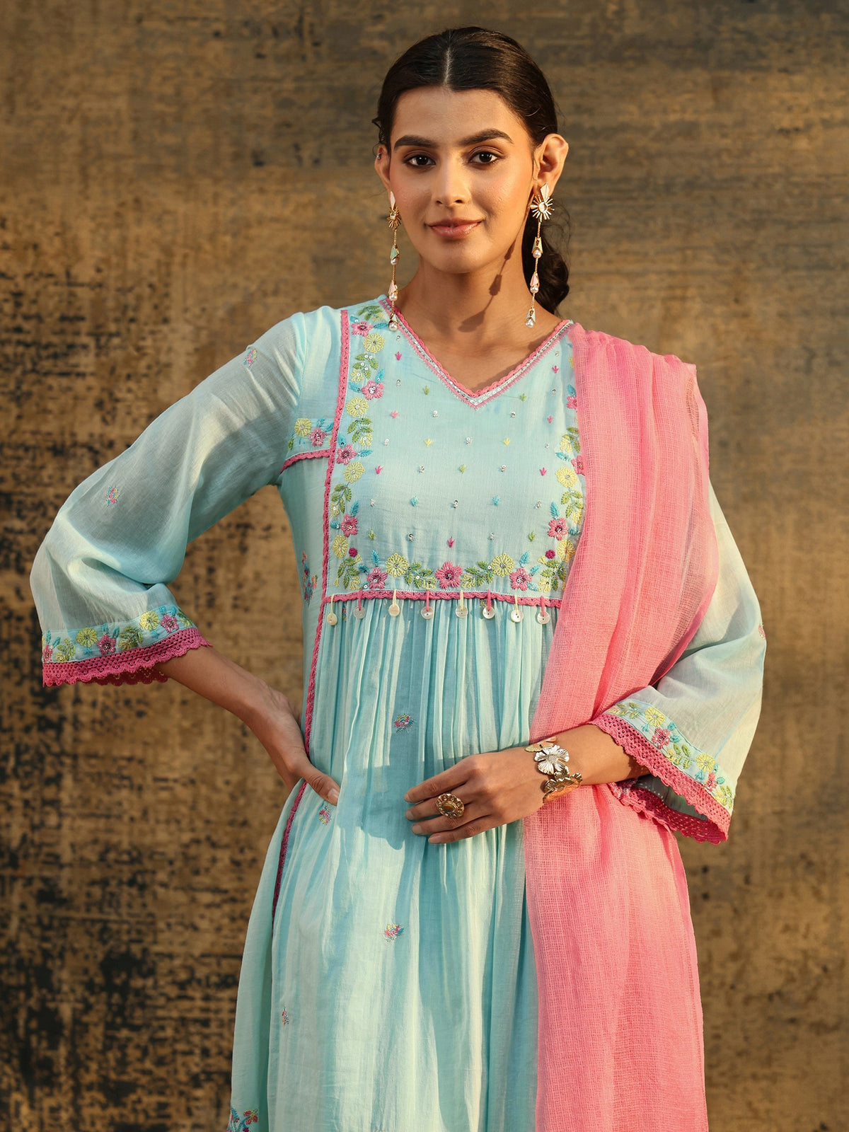 Anouk Baby Blue Floral Embroidered Cotton Anarkali Suit Set