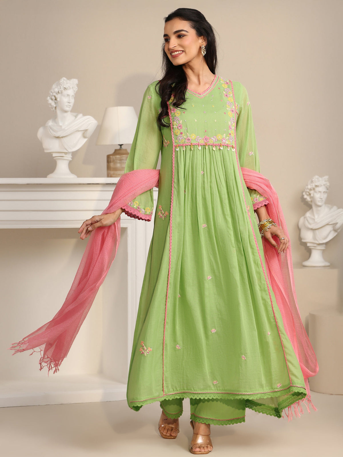 Anouk Pista Green Floral Embroidered Cotton Anarkali Suit Set