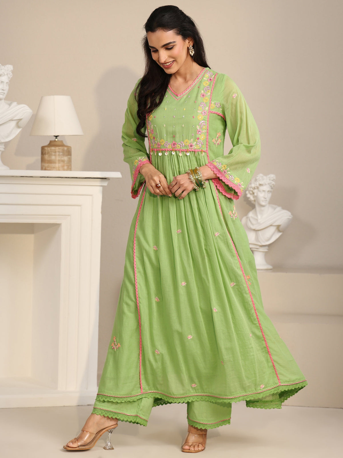 Anouk Pista Green Floral Embroidered Cotton Anarkali Suit Set