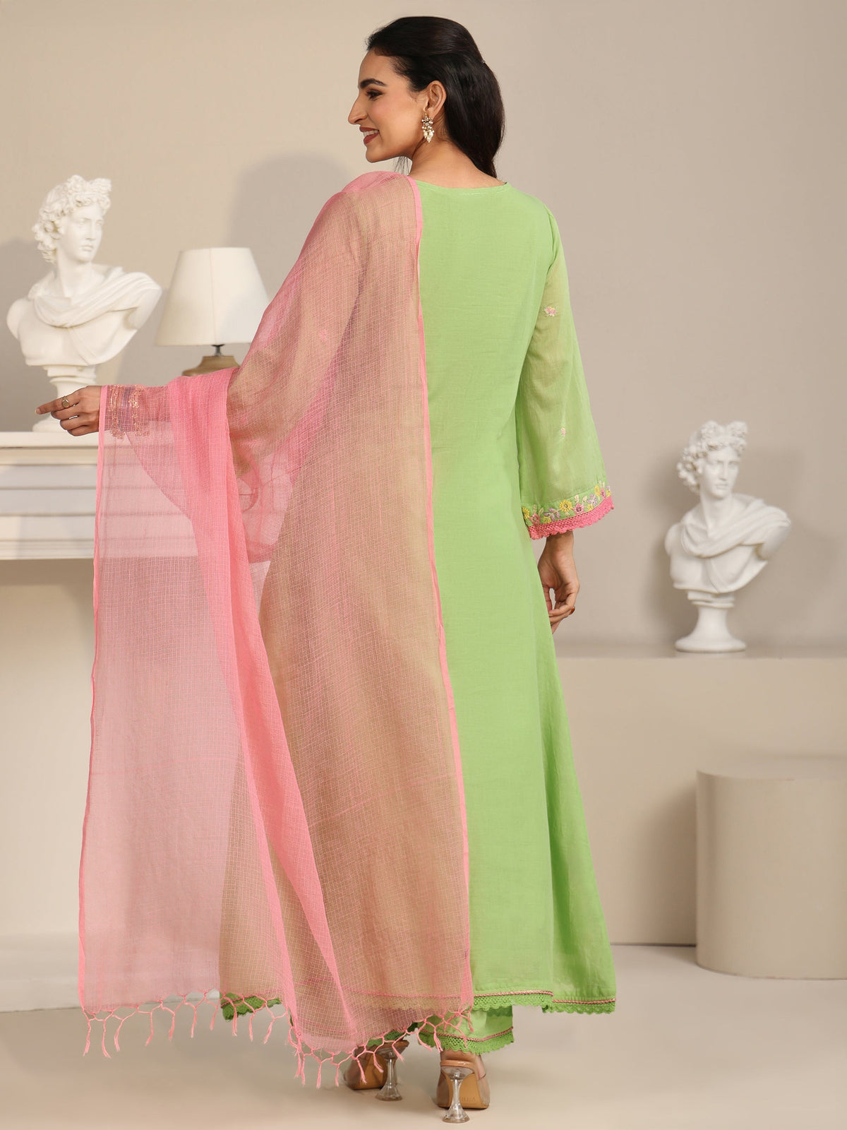 Anouk Pista Green Floral Embroidered Cotton Anarkali Suit Set