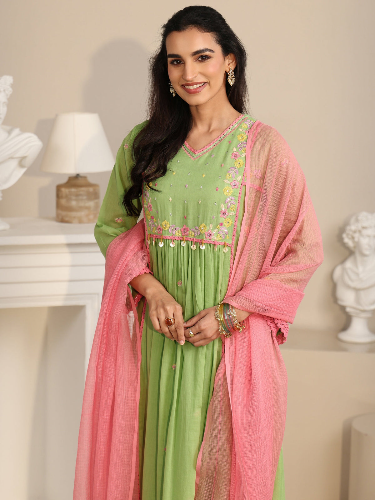 Anouk Pista Green Floral Embroidered Cotton Anarkali Suit Set