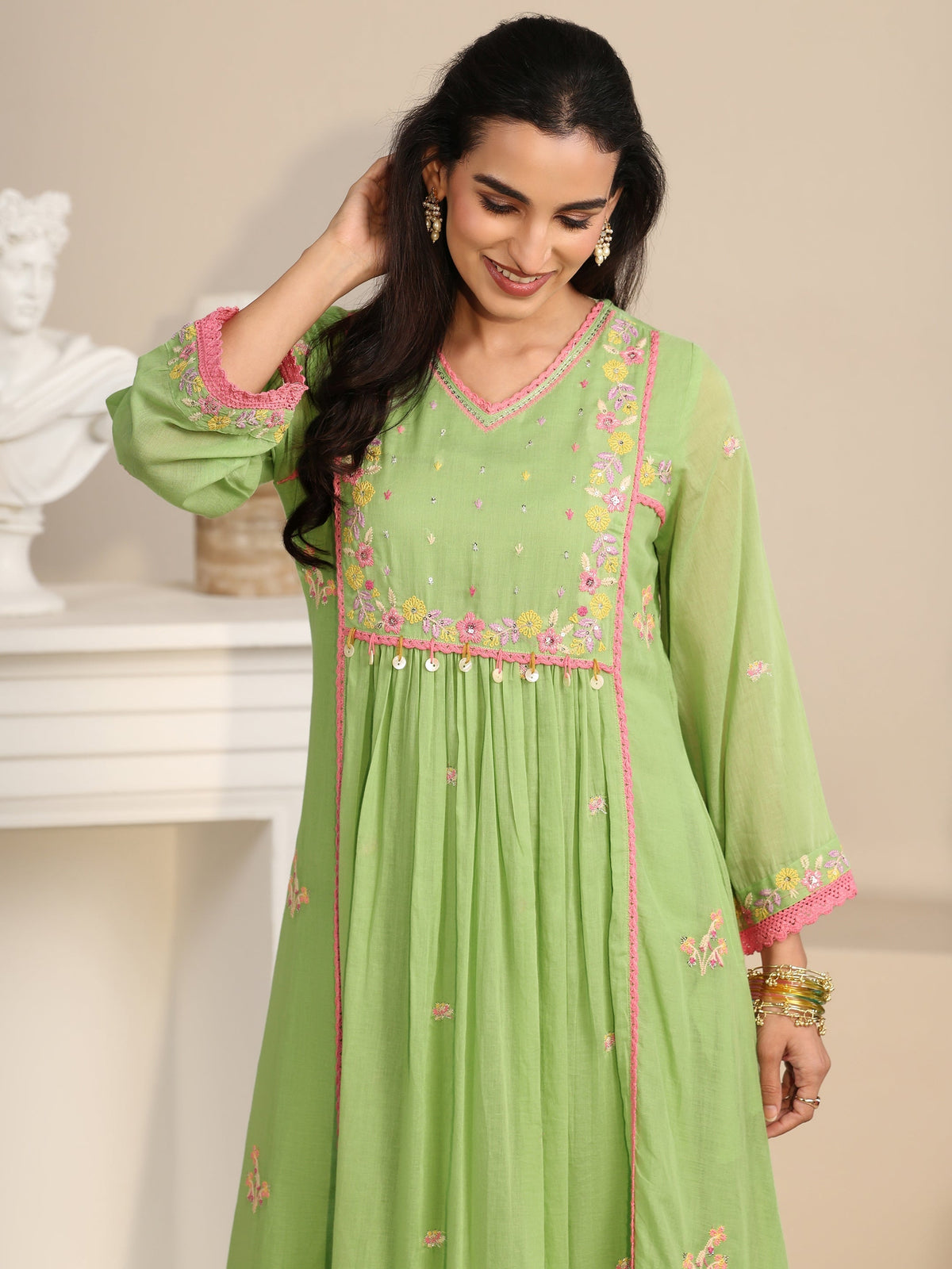 Anouk Pista Green Floral Embroidered Cotton Anarkali Suit Set
