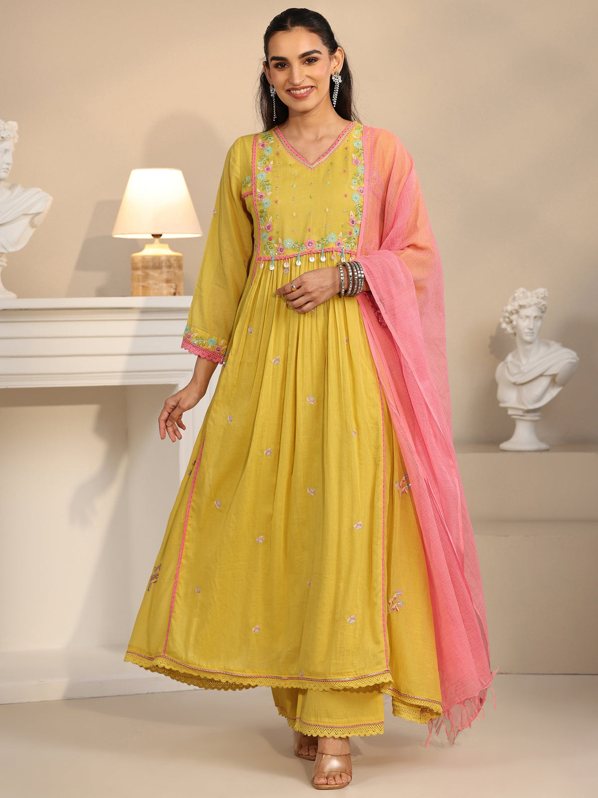 Anouk Daffodil Yellow Floral Embroidered Cotton Anarkali Suit Set