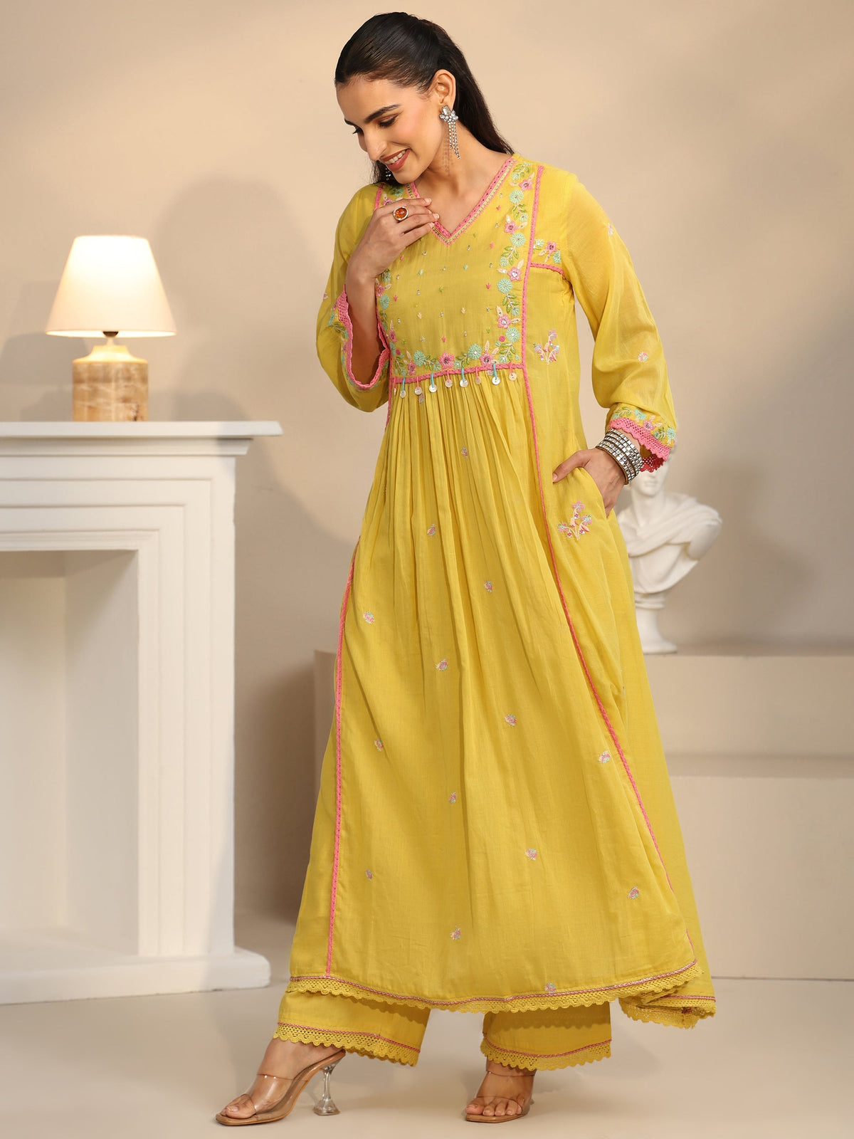 Anouk Daffodil Yellow Floral Embroidered Cotton Anarkali Suit Set