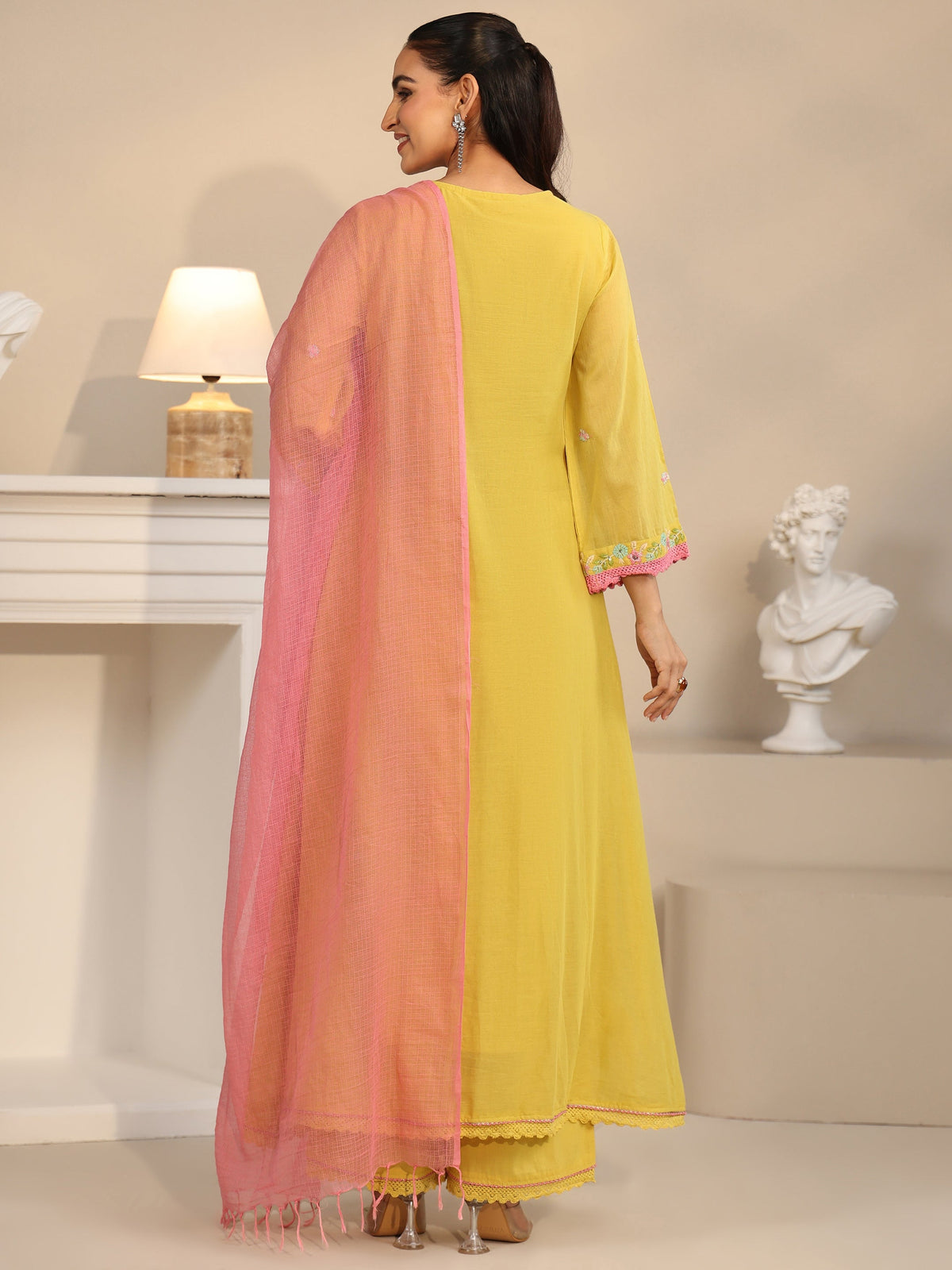 Anouk Daffodil Yellow Floral Embroidered Cotton Anarkali Suit Set
