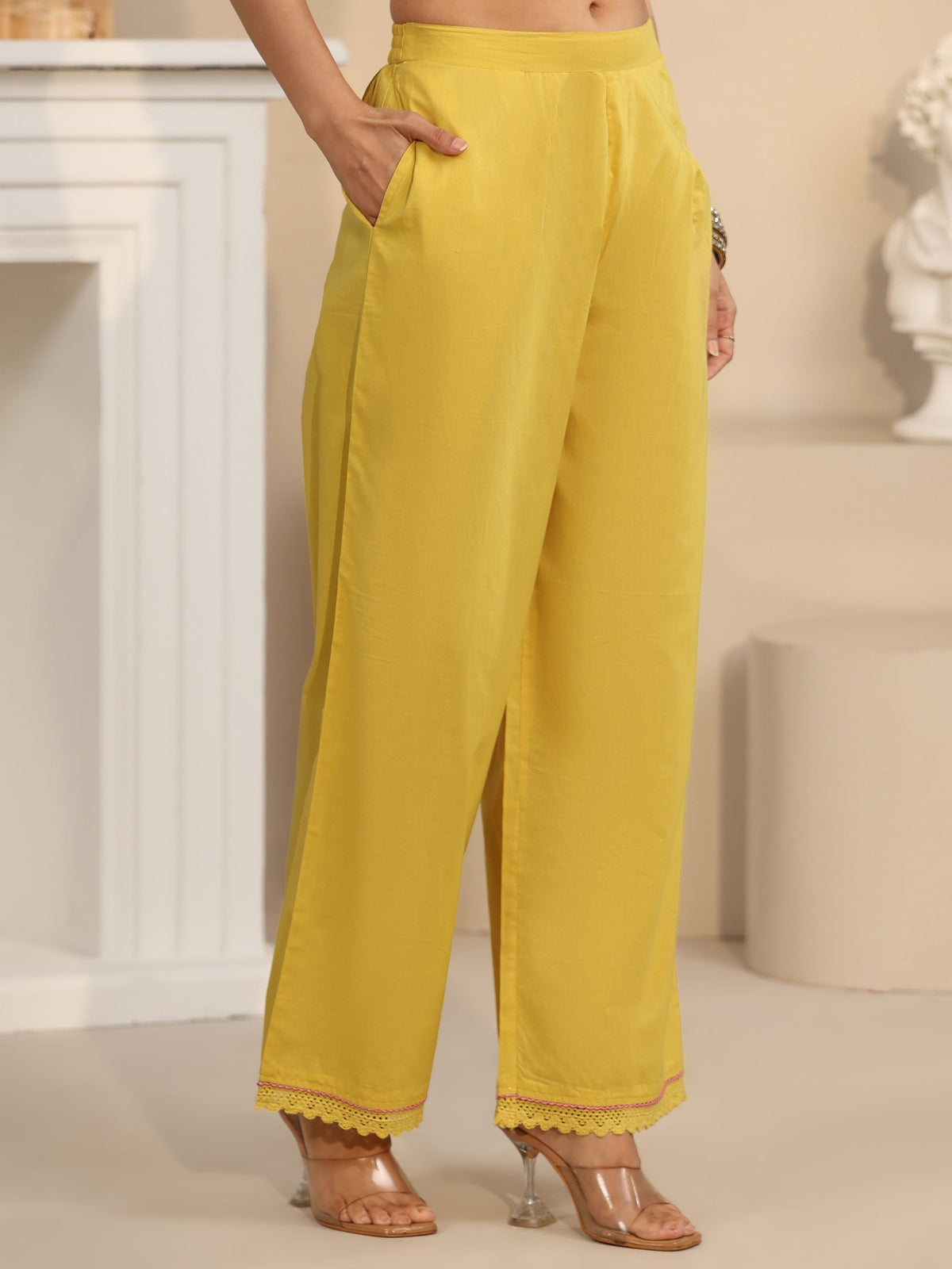 Anouk Daffodil Yellow Floral Embroidered Cotton Anarkali Suit Set