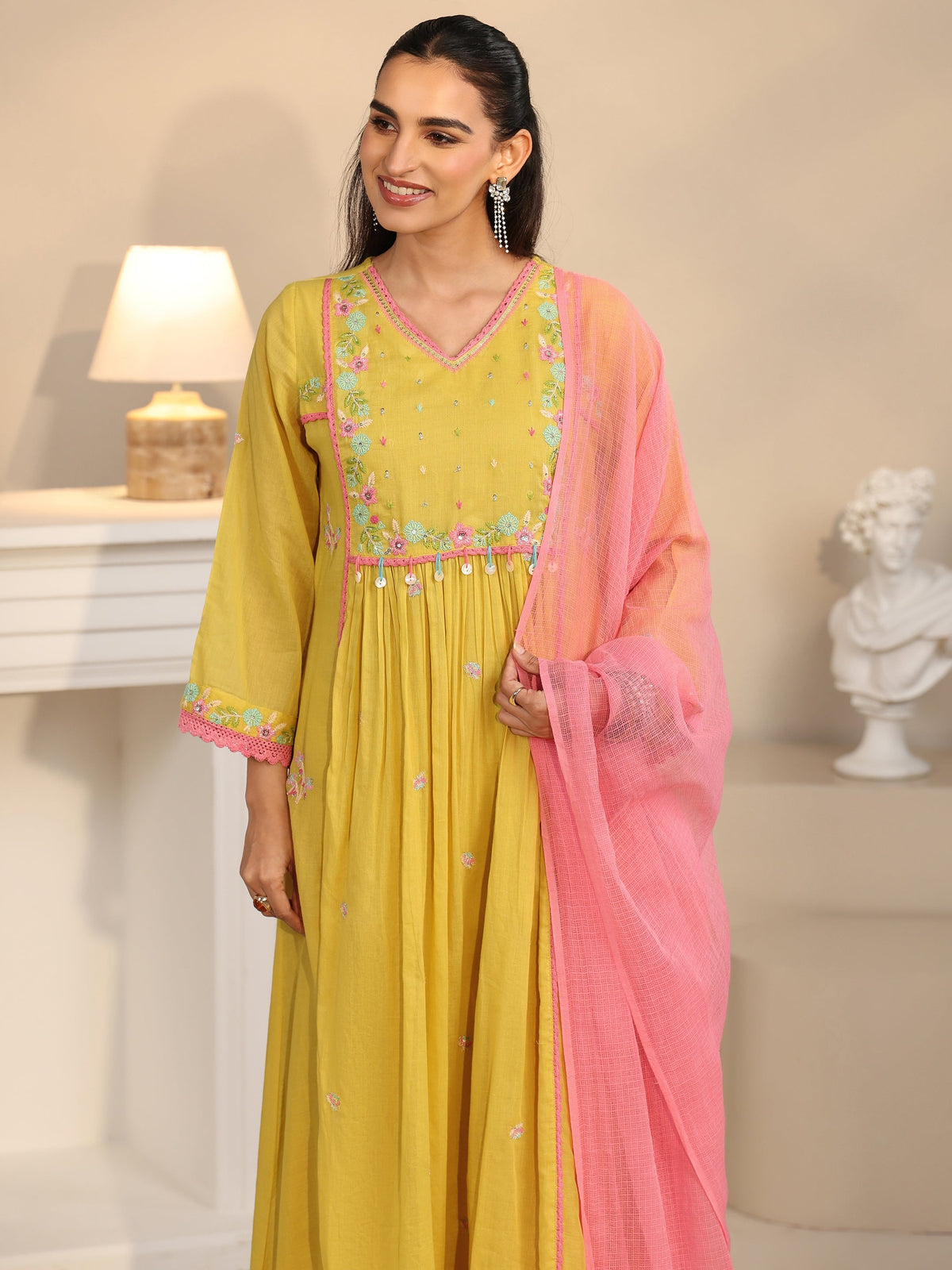 Anouk Daffodil Yellow Floral Embroidered Cotton Anarkali Suit Set