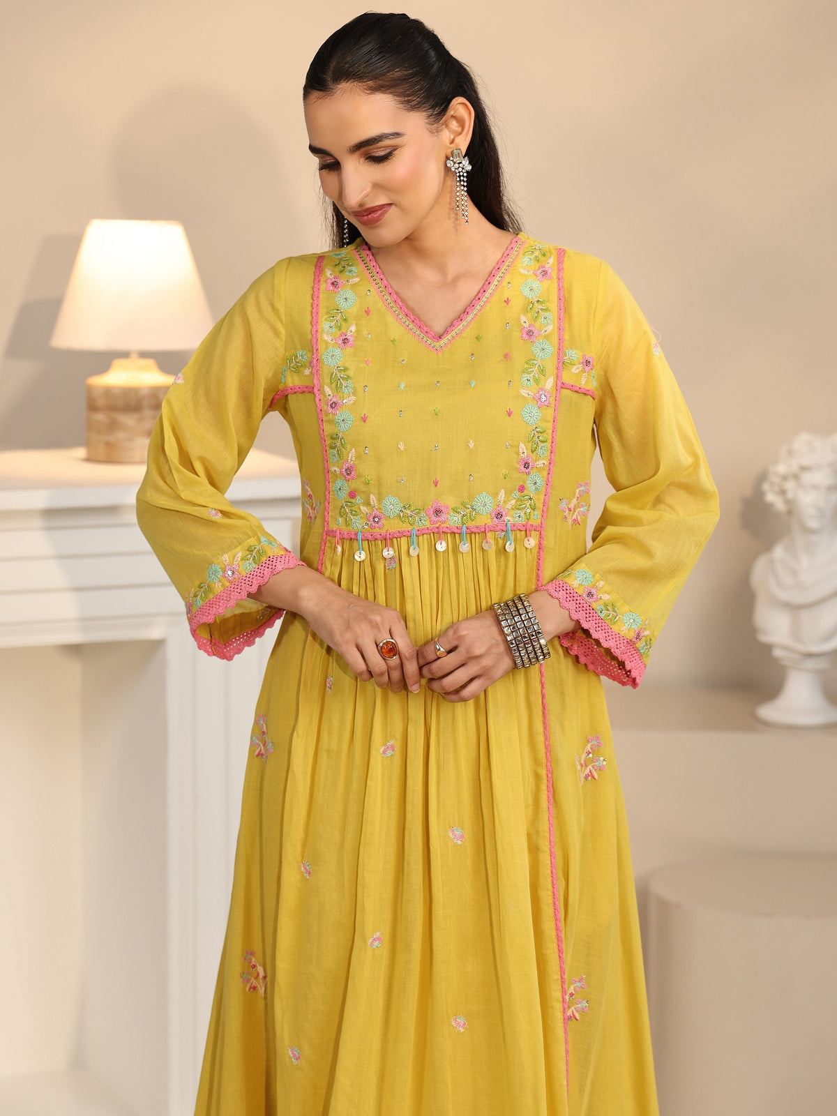 Anouk Daffodil Yellow Floral Embroidered Cotton Anarkali Suit Set