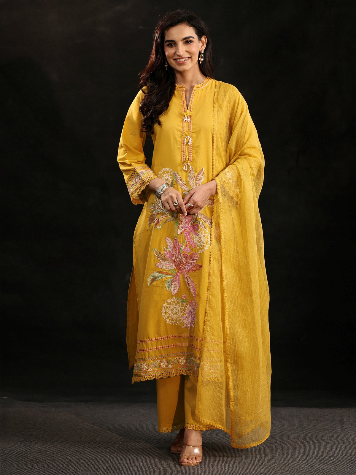Anouk Mustard Floral Embroidered Cotton Straight Suit Set