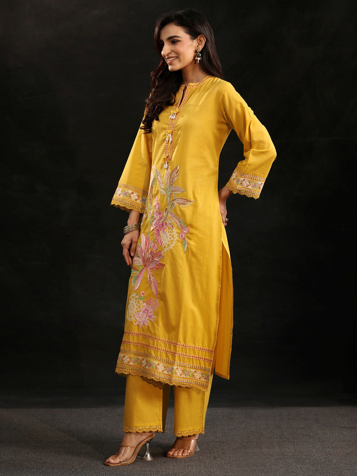 Anouk Mustard Floral Embroidered Cotton Straight Suit Set