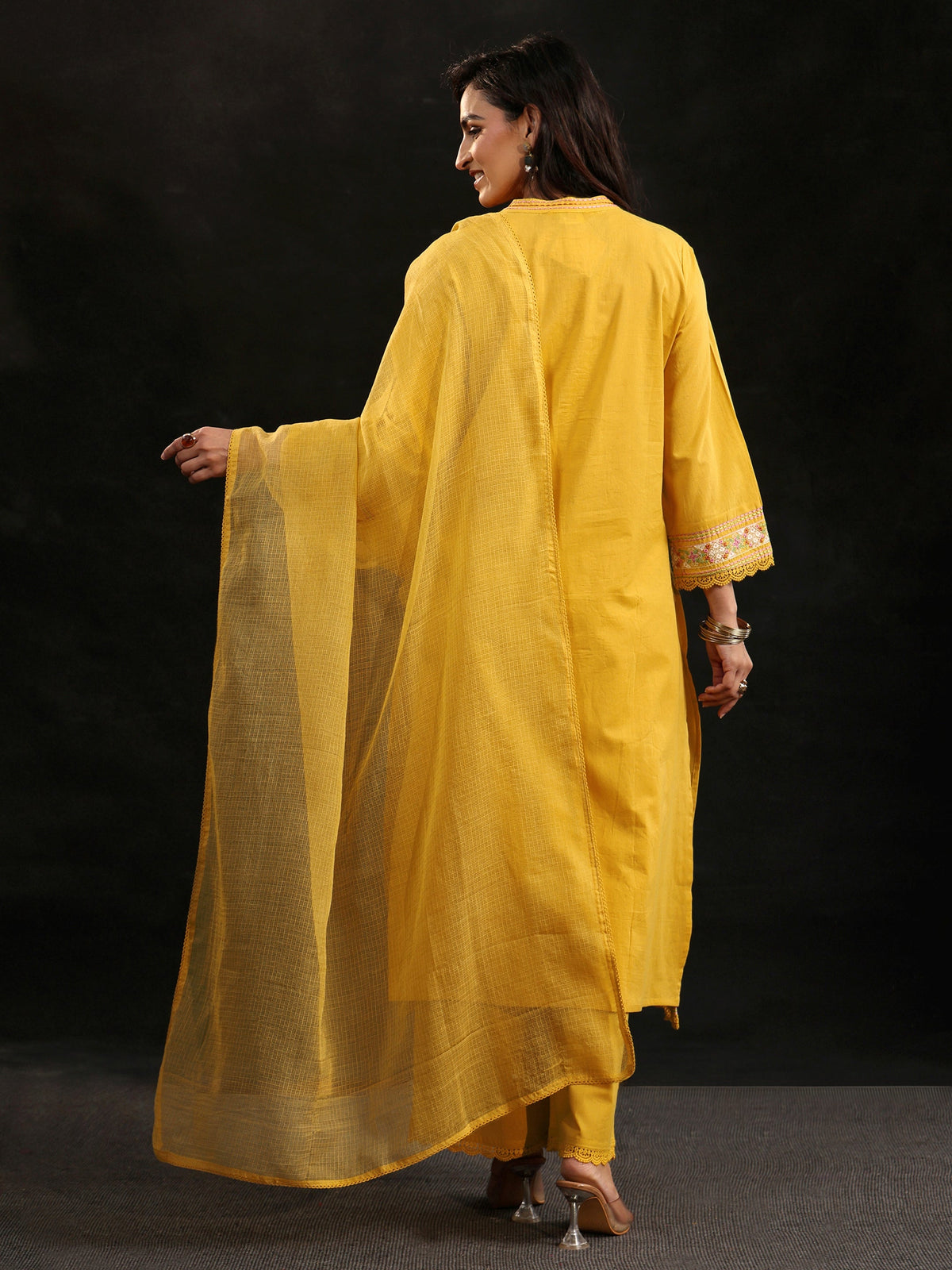 Anouk Mustard Floral Embroidered Cotton Straight Suit Set