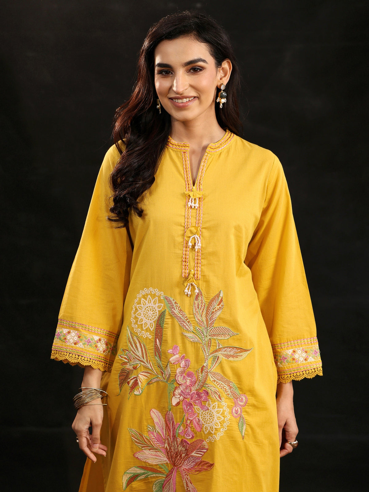 Anouk Mustard Floral Embroidered Cotton Straight Suit Set