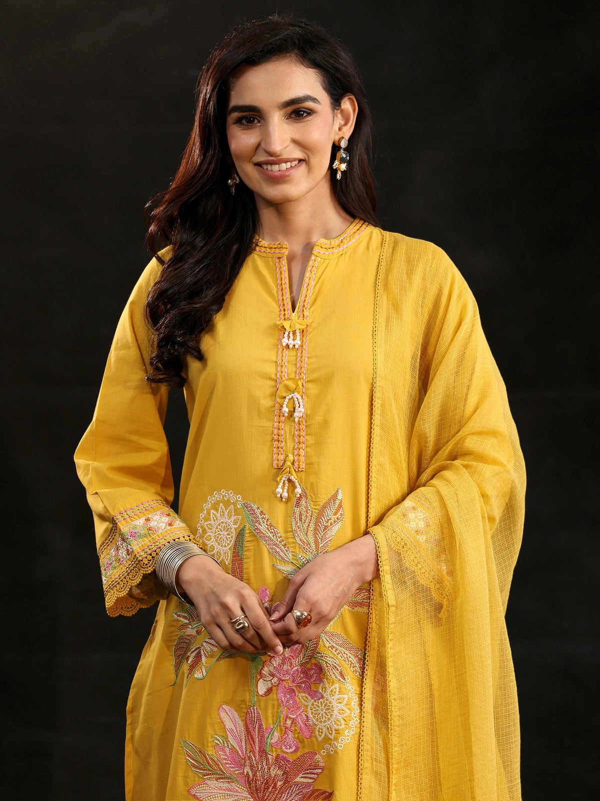 Anouk Mustard Floral Embroidered Cotton Straight Suit Set