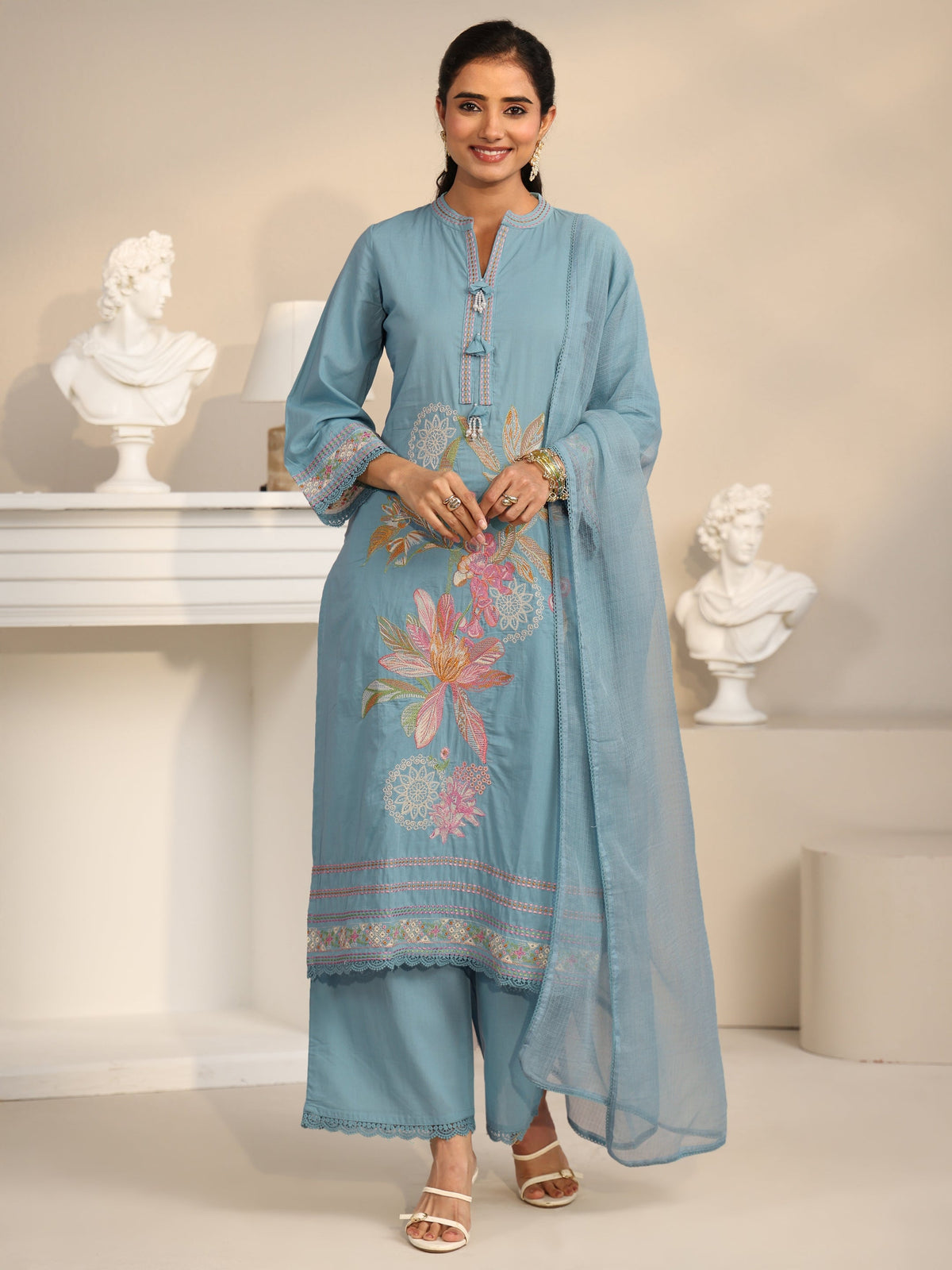 Anouk Cornflower Blue Floral Embroidered Cotton Straight Suit Set