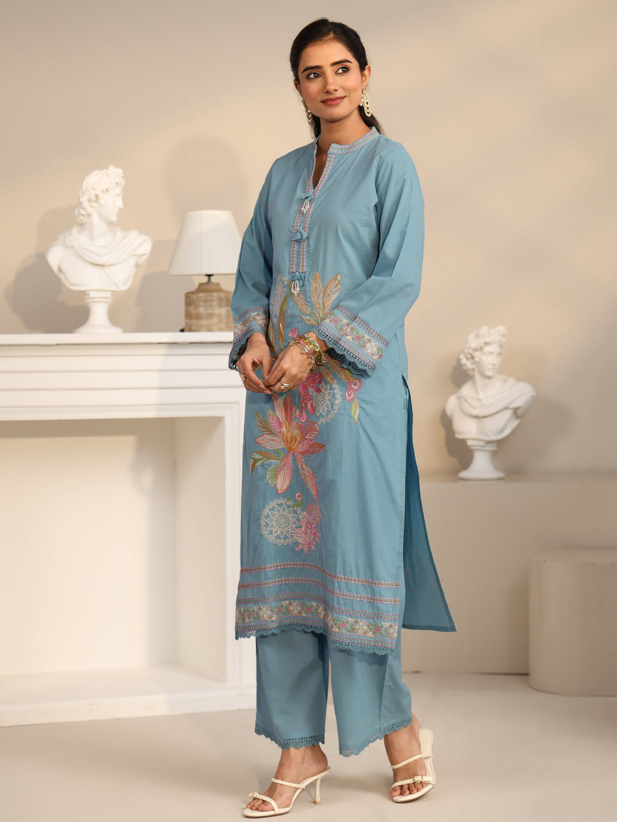 Anouk Cornflower Blue Floral Embroidered Cotton Straight Suit Set