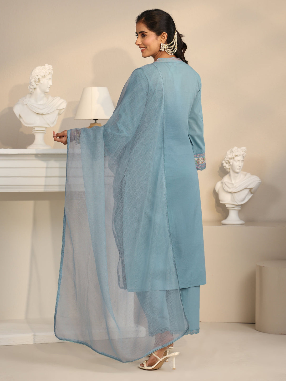 Anouk Cornflower Blue Floral Embroidered Cotton Straight Suit Set