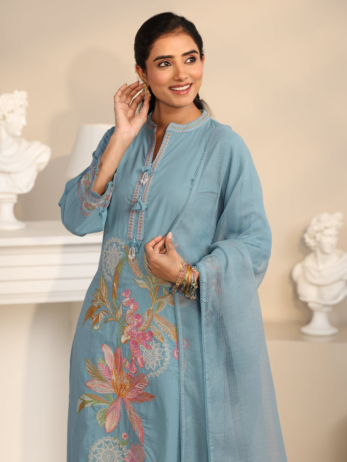 Anouk Cornflower Blue Floral Embroidered Cotton Straight Suit Set