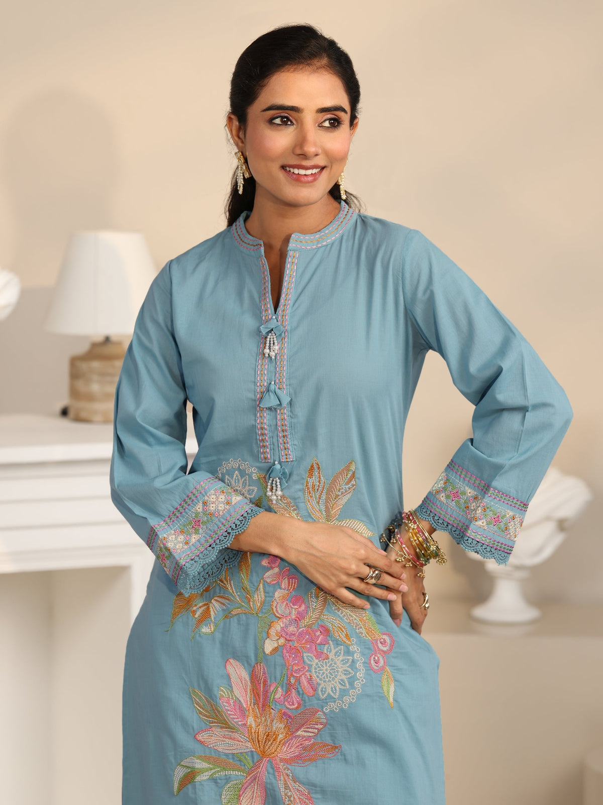 Anouk Cornflower Blue Floral Embroidered Cotton Straight Suit Set