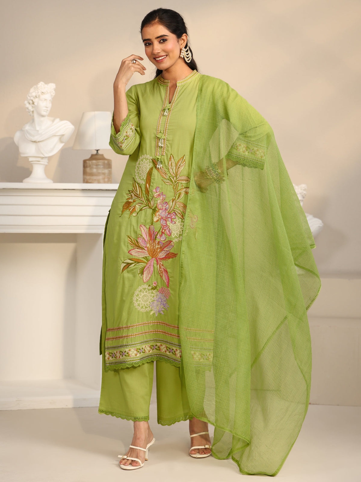 Anouk Lime Green Floral Embroidered Cotton Straight Suit Set