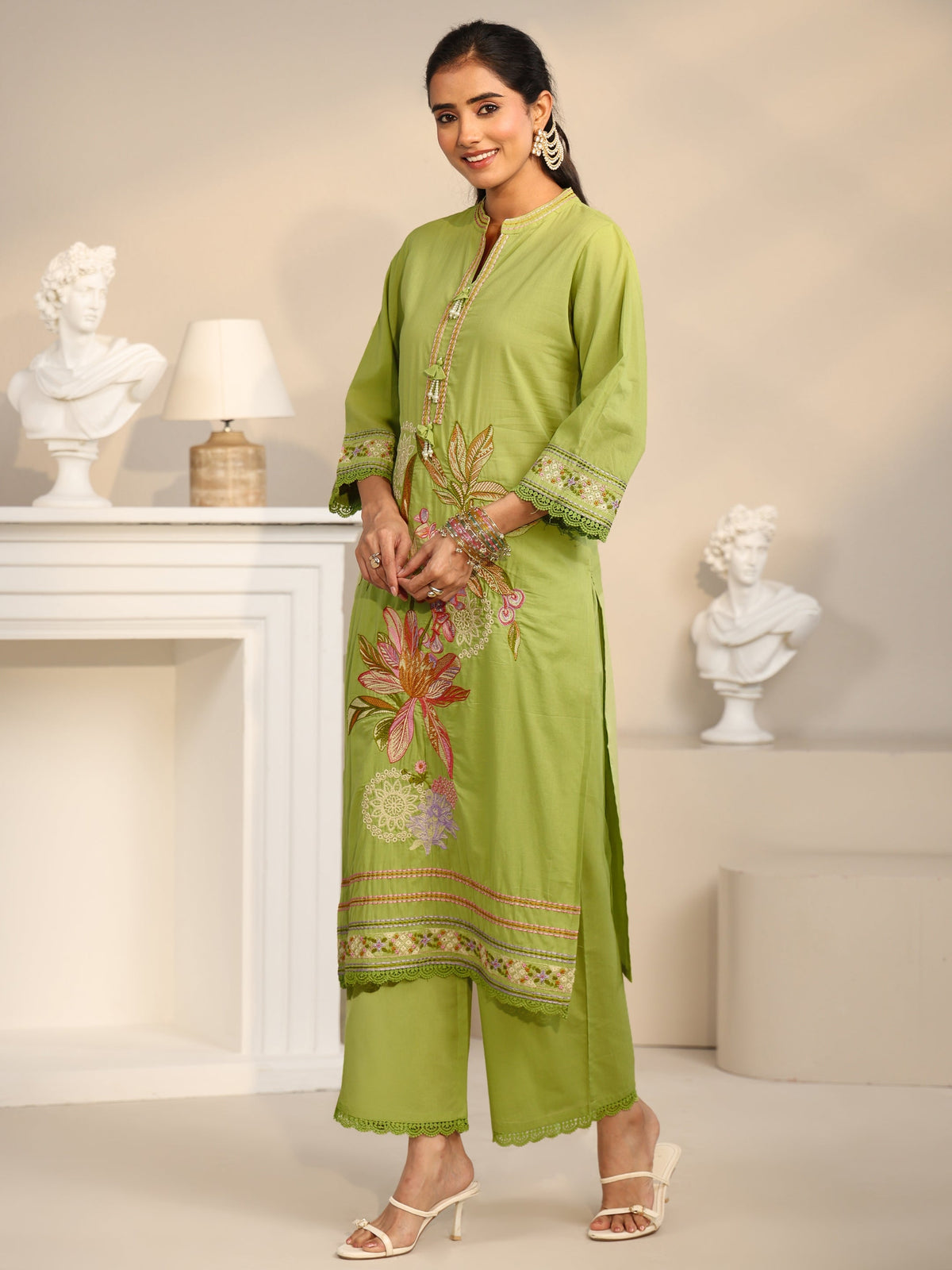 Anouk Lime Green Floral Embroidered Cotton Straight Suit Set