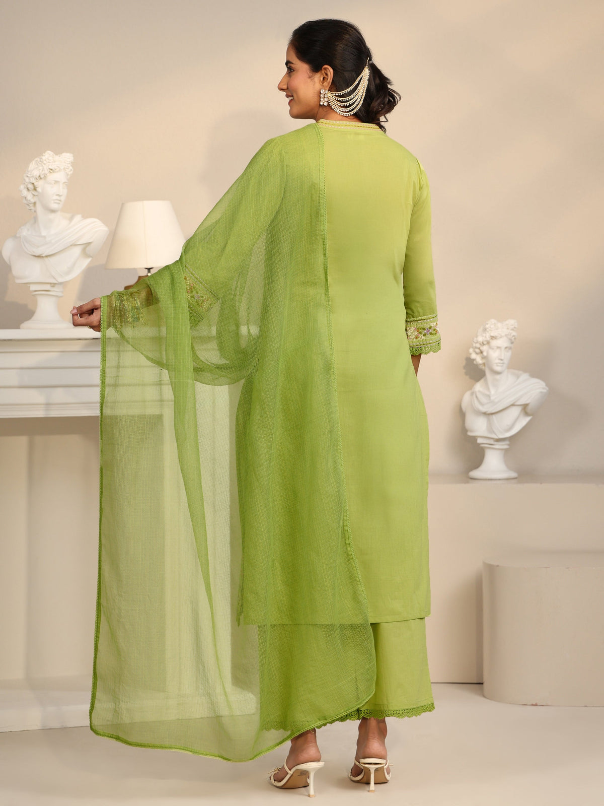 Anouk Lime Green Floral Embroidered Cotton Straight Suit Set