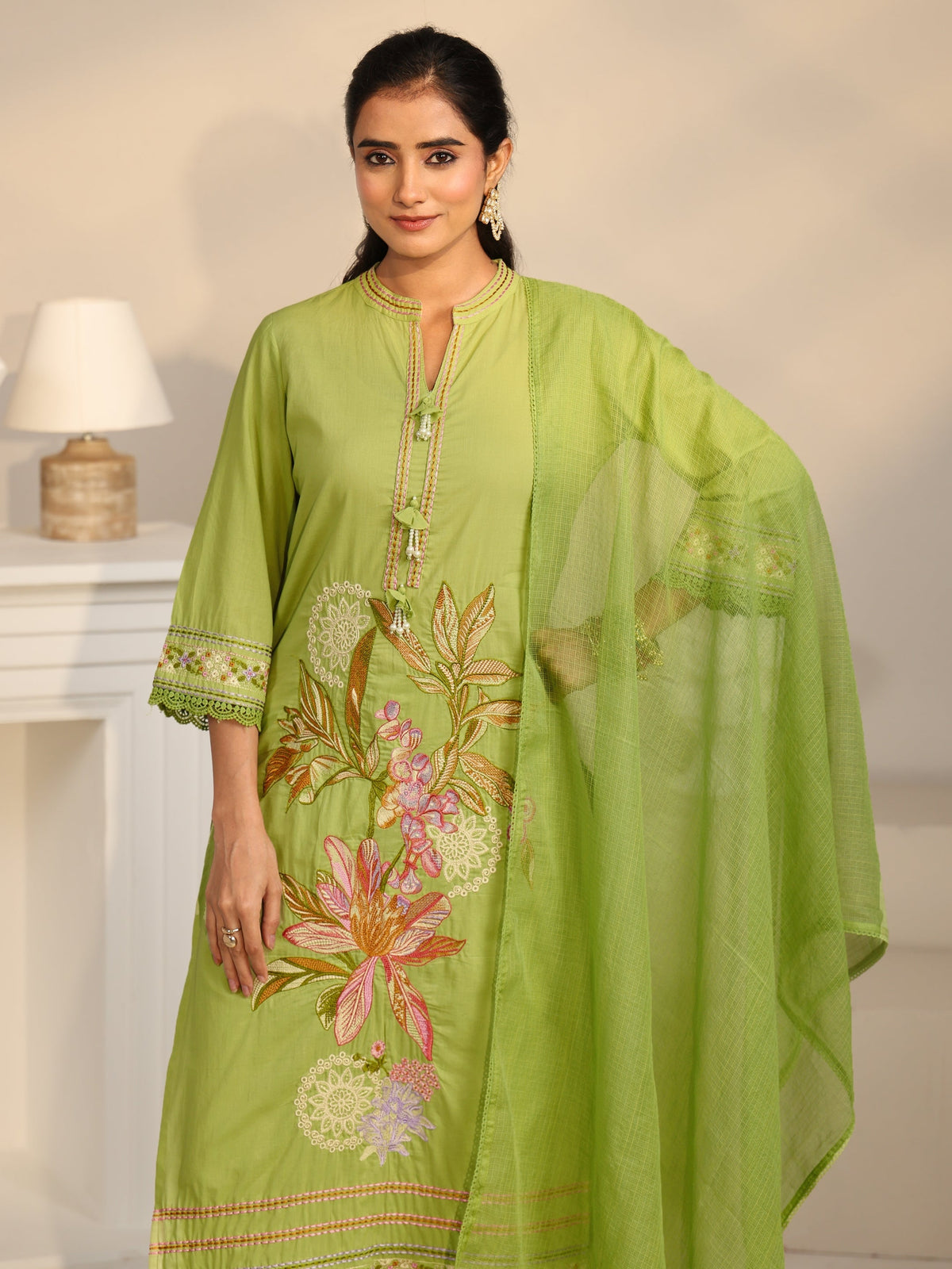Anouk Lime Green Floral Embroidered Cotton Straight Suit Set