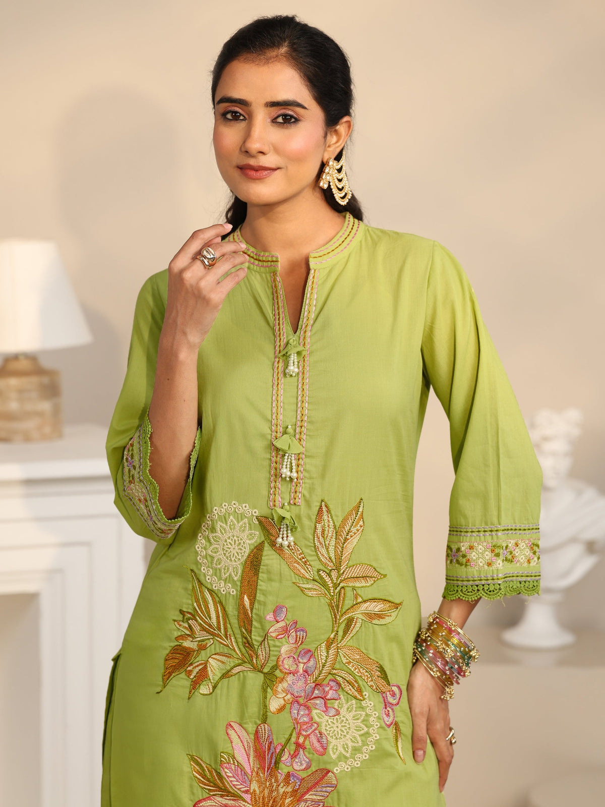 Anouk Lime Green Floral Embroidered Cotton Straight Suit Set
