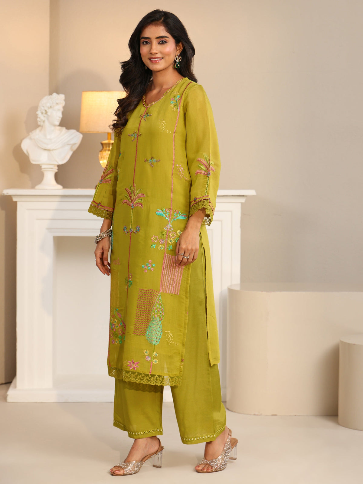 Anouk Olive Green Floral Embroidered Chanderi Cotton Straight Suit Set
