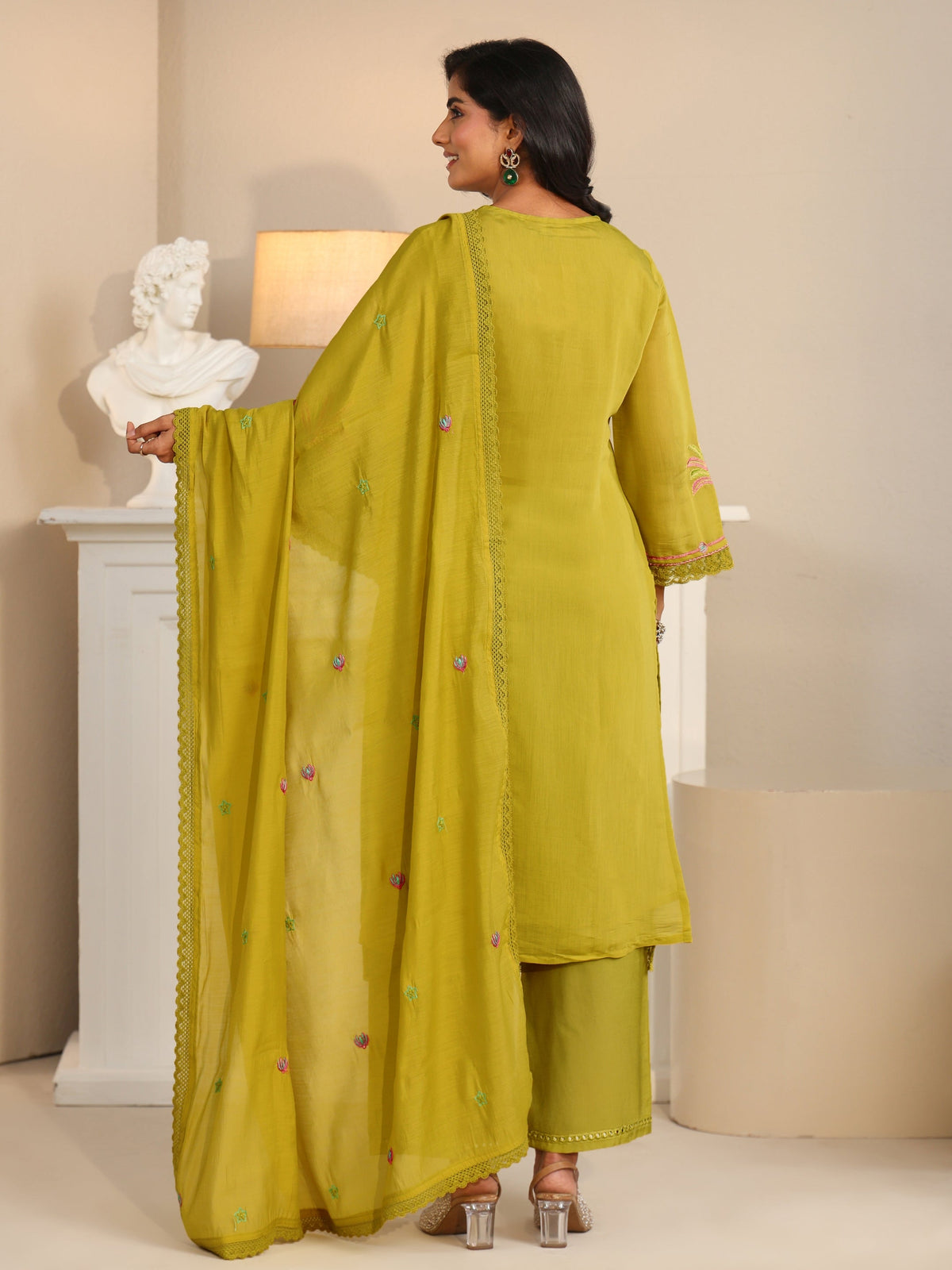 Anouk Olive Green Floral Embroidered Chanderi Cotton Straight Suit Set
