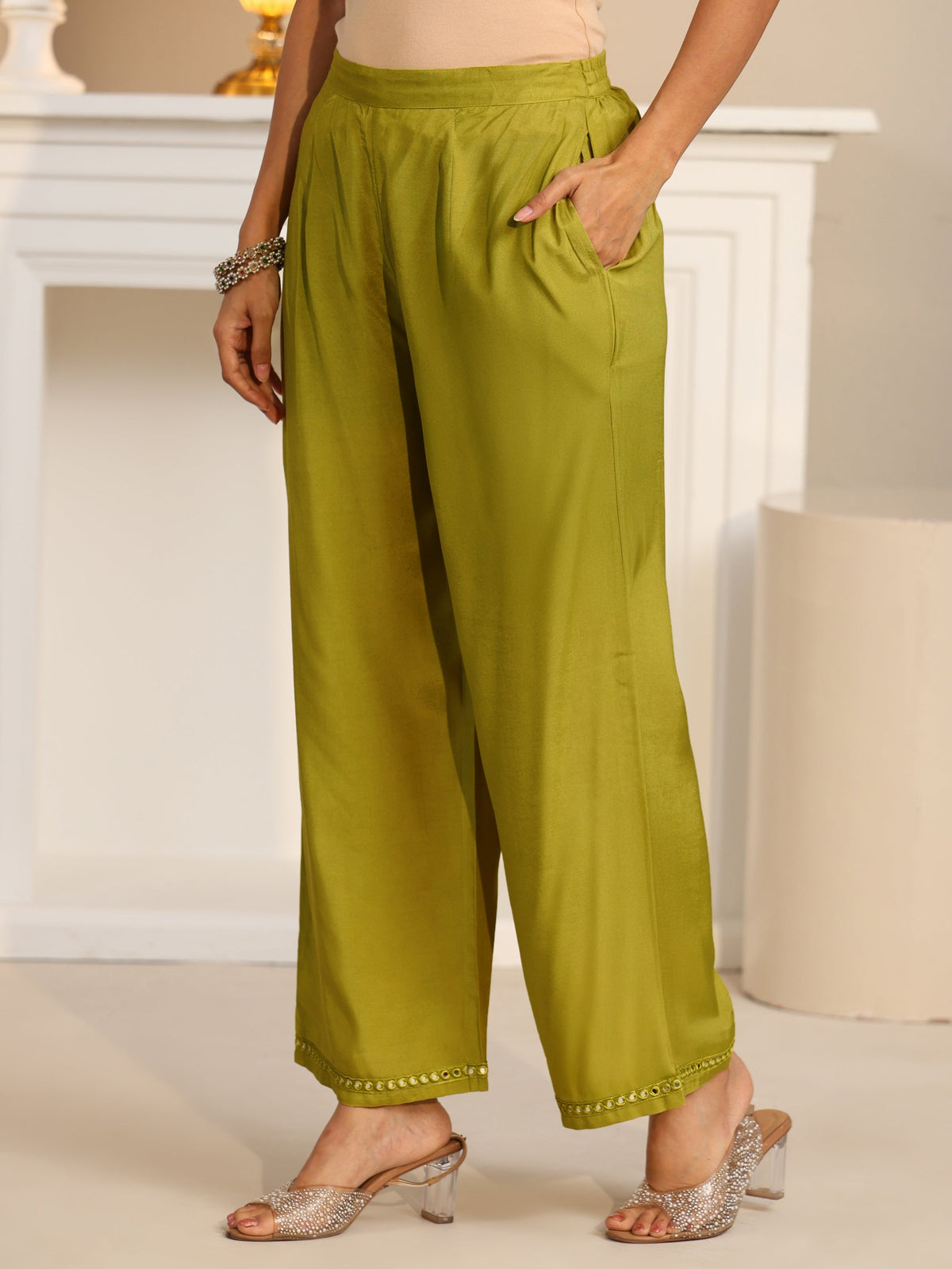 Anouk Olive Green Floral Embroidered Chanderi Cotton Straight Suit Set