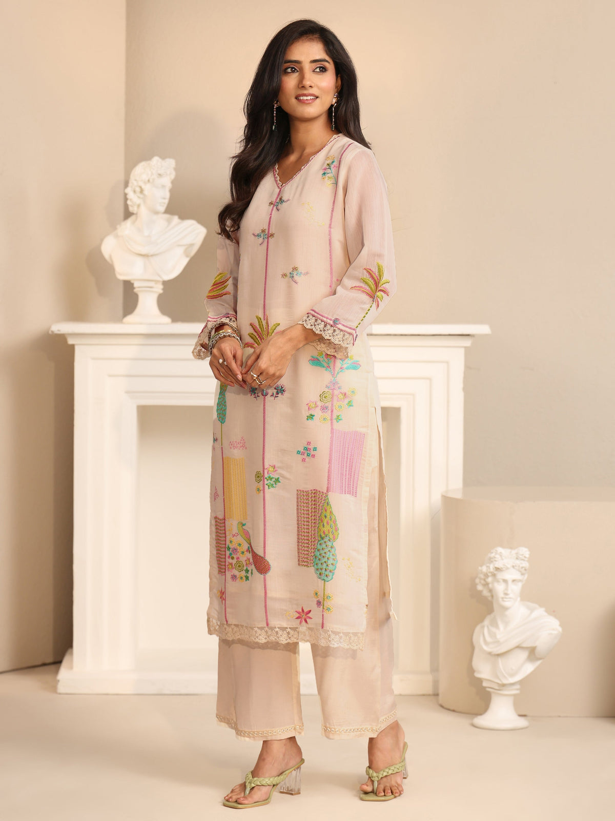 Anouk White Floral Embroidered Chanderi Cotton Straight Suit Set