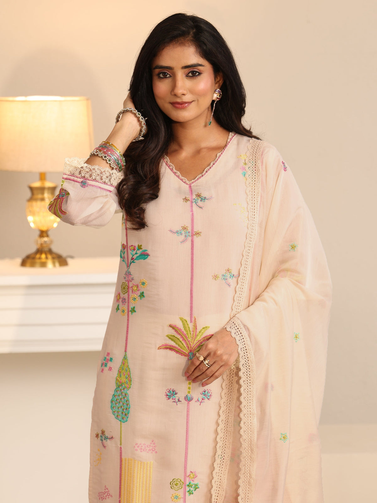 Anouk White Floral Embroidered Chanderi Cotton Straight Suit Set