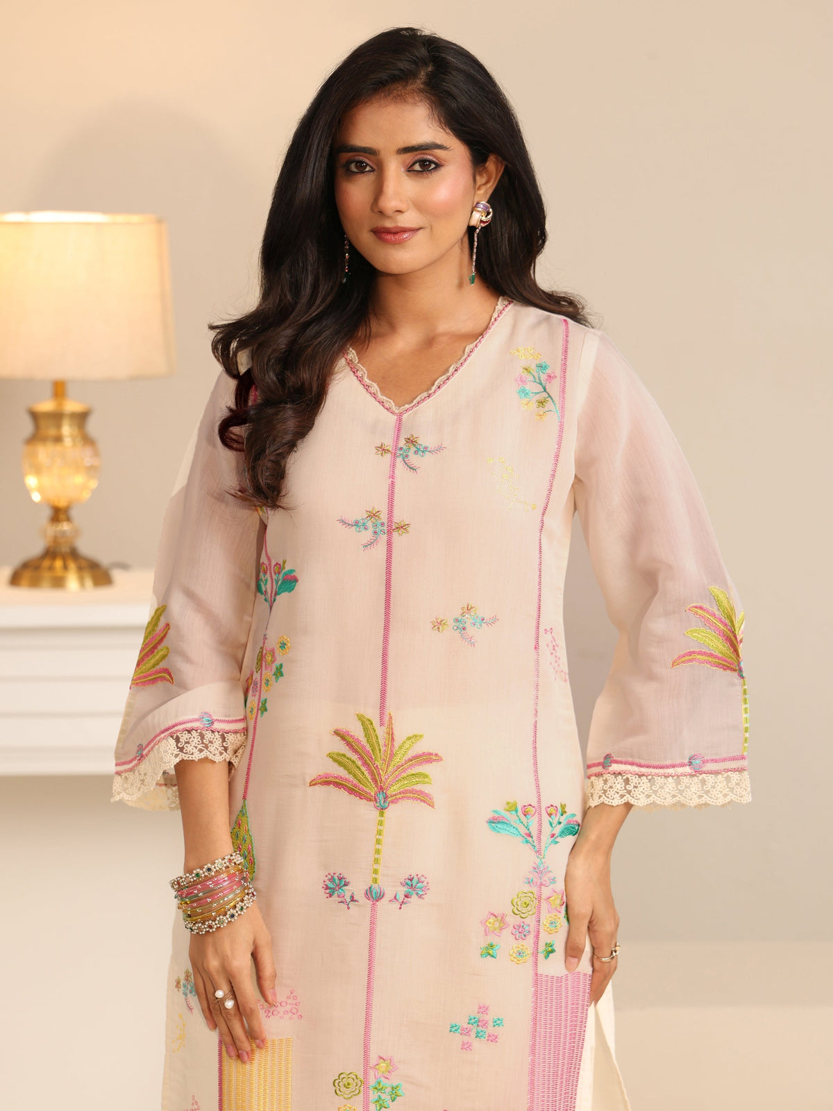 Anouk White Floral Embroidered Chanderi Cotton Straight Suit Set
