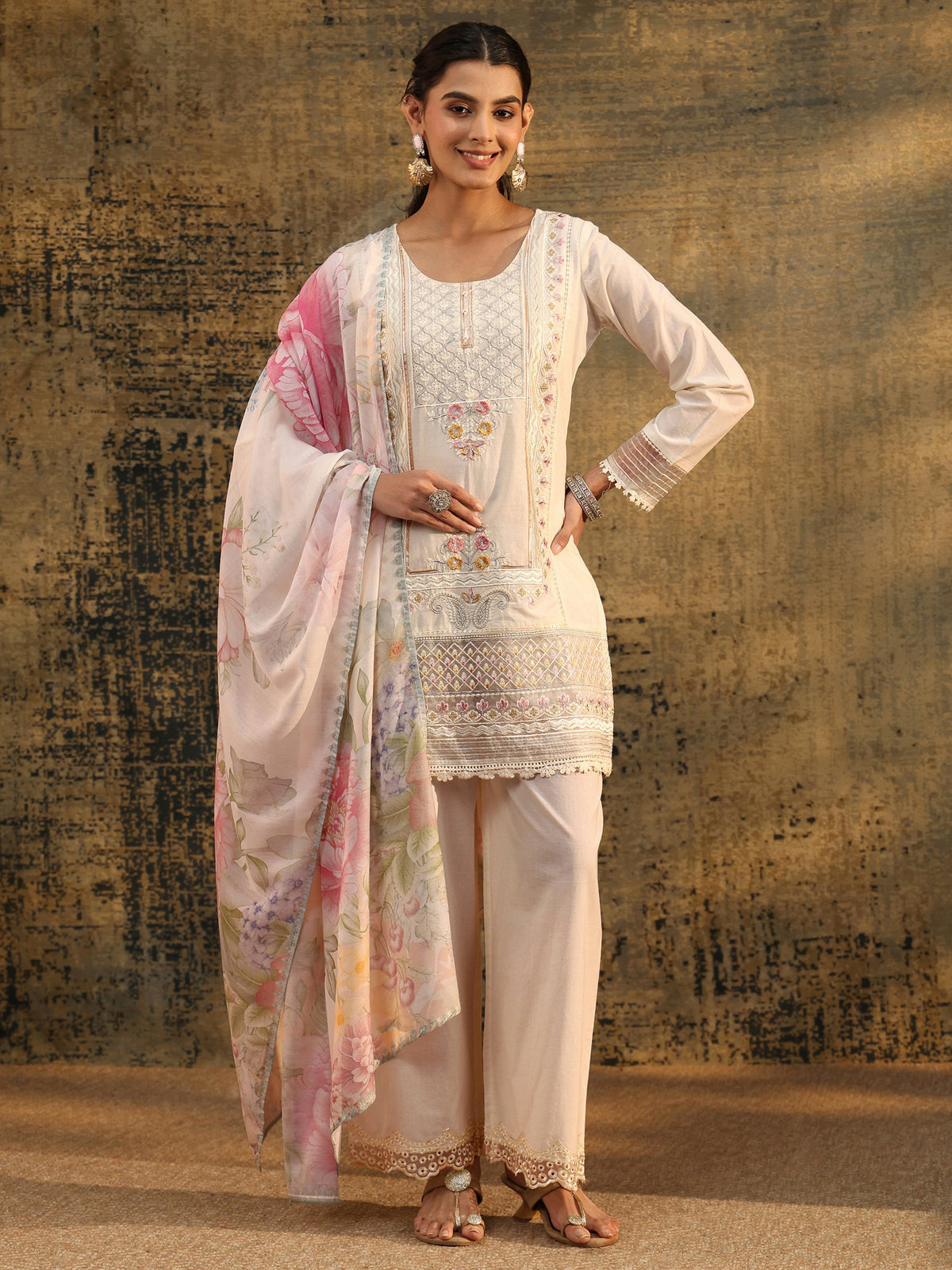 Anouk Ivory Embroidered Cotton Short Kurta Pant Suit Set