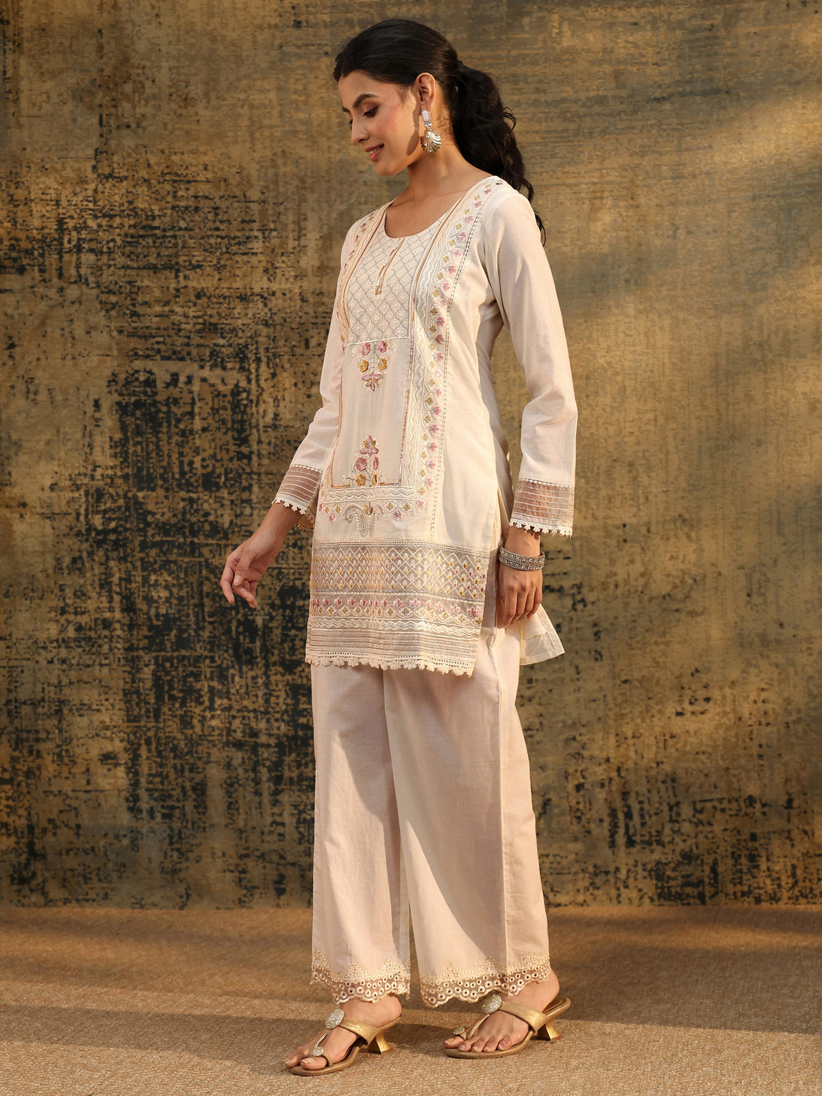 Anouk Ivory Embroidered Cotton Short Kurta Pant Suit Set