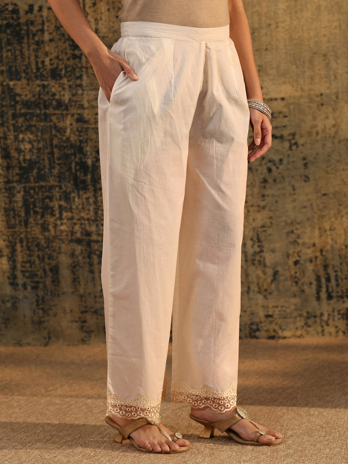 Anouk Ivory Embroidered Cotton Short Kurta Pant Suit Set