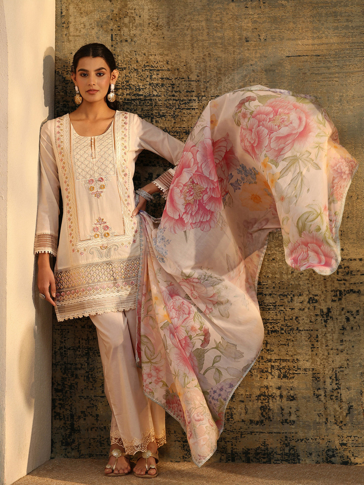 Anouk Ivory Embroidered Cotton Short Kurta Pant Suit Set