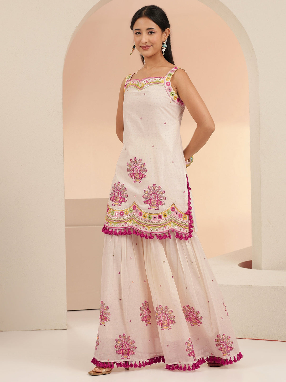 Anouk Off White Printed Cotton Sharara Suit Set with Tassel Details