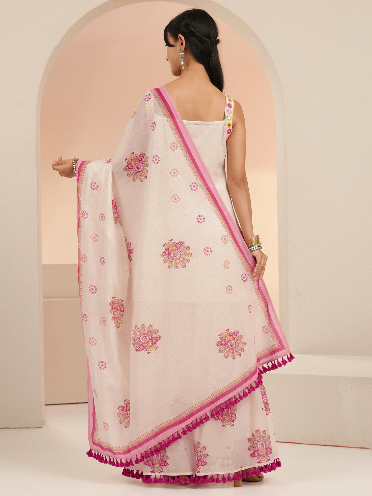 Anouk Off White Printed Cotton Sharara Suit Set with Tassel Details